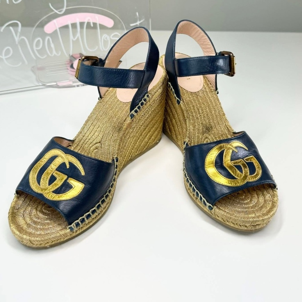 Gucci Navy and Gold Espadrille Wedges - Picture 6 of 11